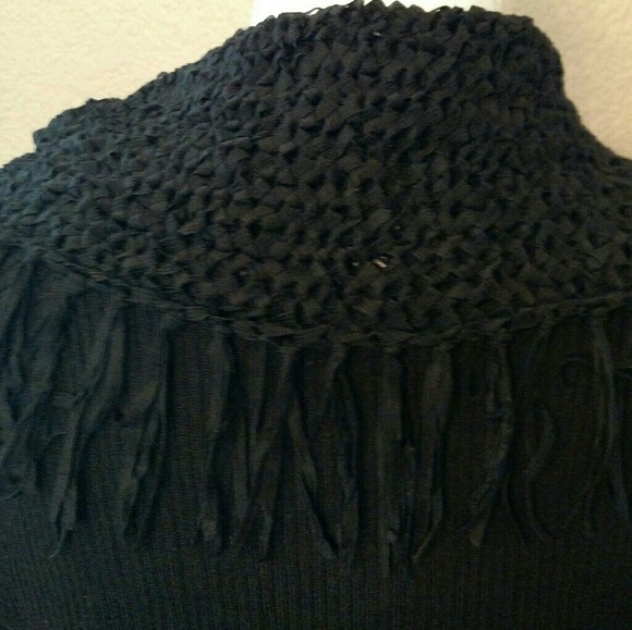 POPulation Black Ribbed Knit Sweater with Attached Fringed Scarf Collar Size L - Picture 3 of 7